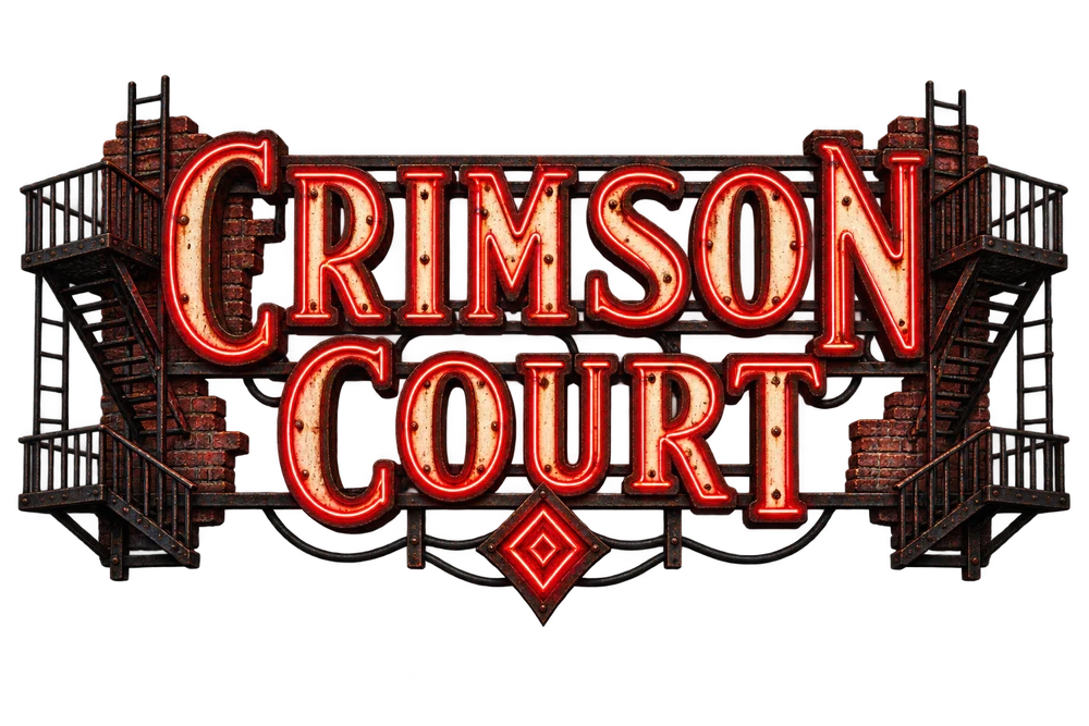 Crimson Court lettering in weathered cream metal and crimson neon on a transparent background.