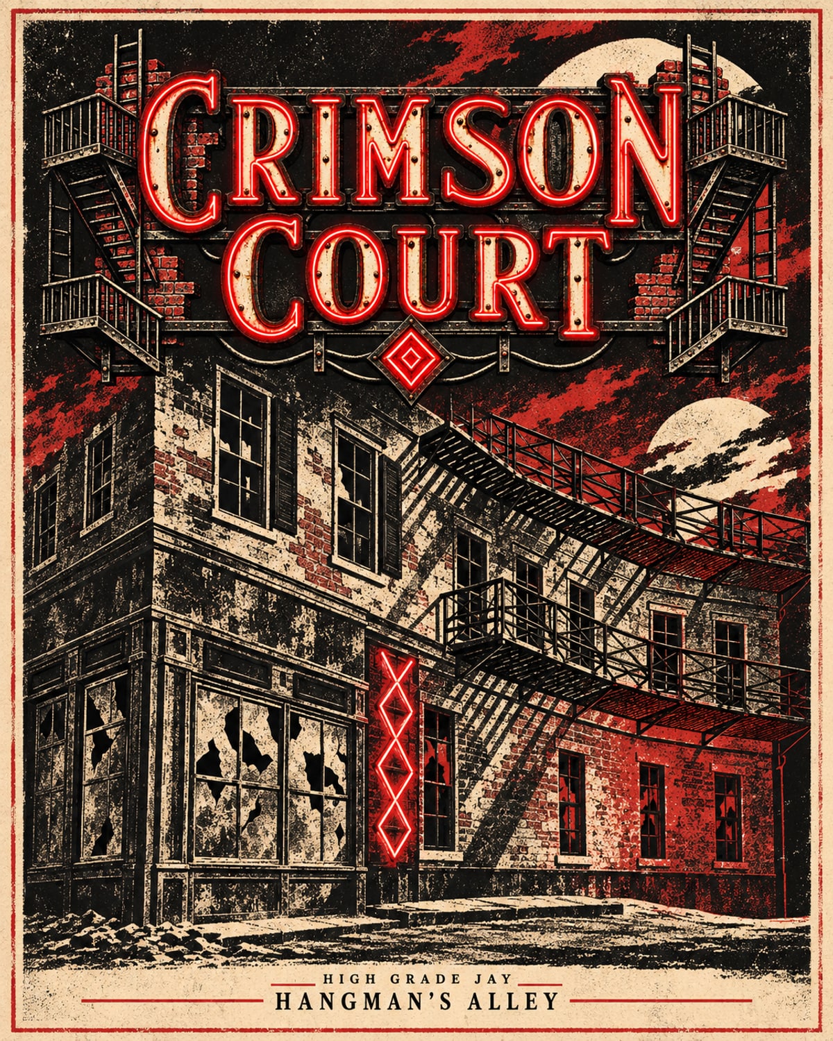 Crimson Court - Poster Crimson Court noir poster showing brick buildings, fire escapes, and red neon.