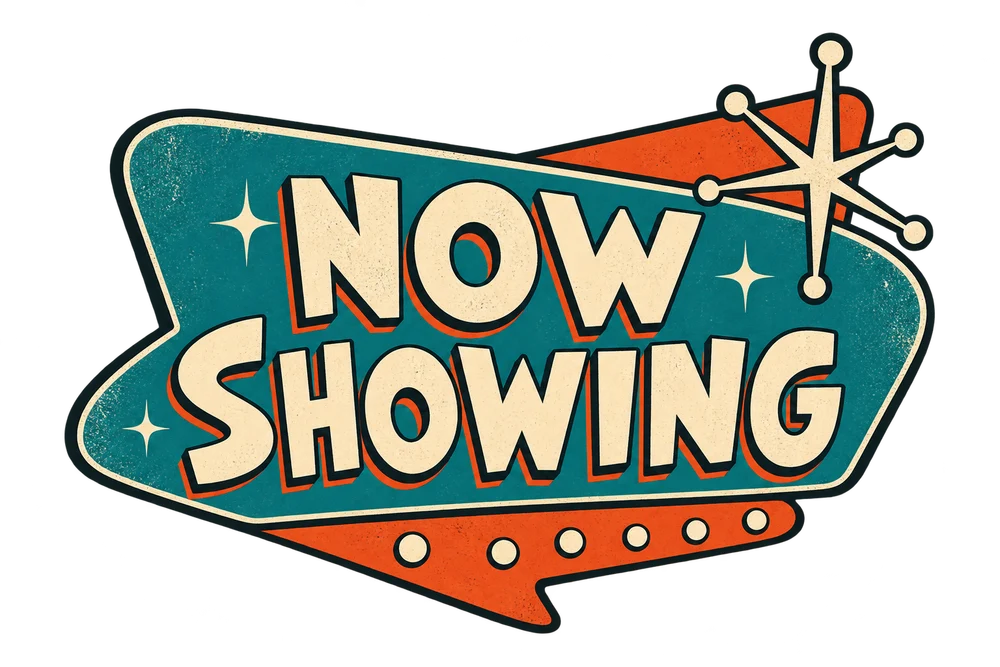 Cream and turquoise Now Showing cinema marquee logo with orange starburst accents.