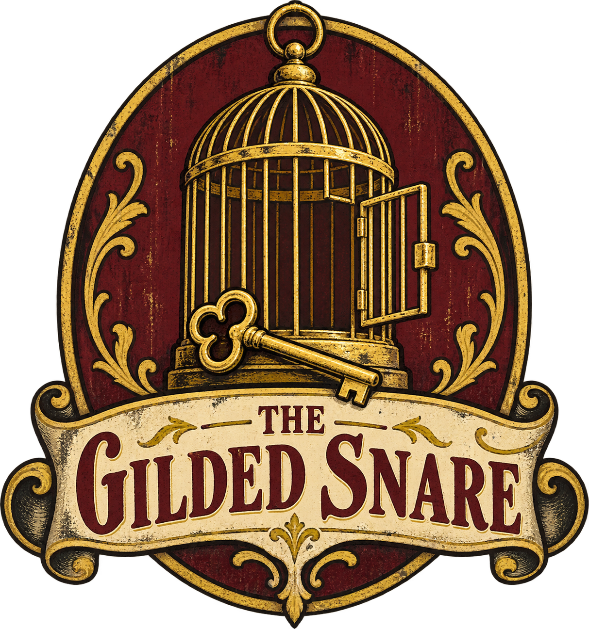 Burgundy and gold birdcage and key emblem for The Gilded Snare