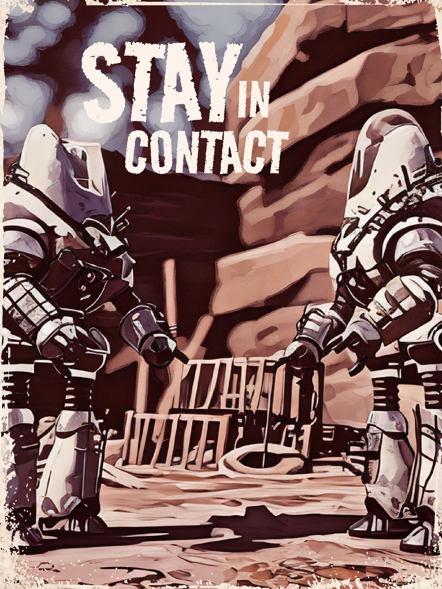 Two protectrons meeting in the wasteland and having a conversation in the Fallout 76 game. 