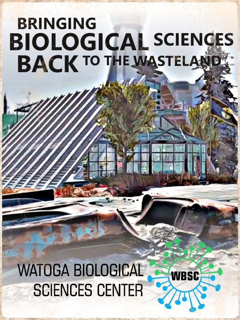 Promotional poster for Watoga Biological Sciences Center, a Fallout 76 camp build by Daka.