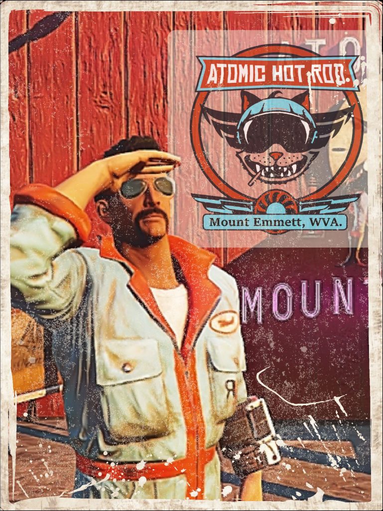 Promo poster for Atomic Hot Rod, a Fallout 76 camp builder.
