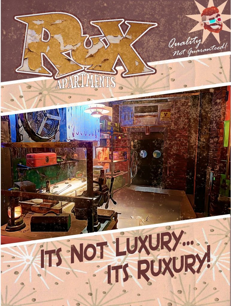 Promotional poster for apartment build in Fallout 76 by Rad Rux.