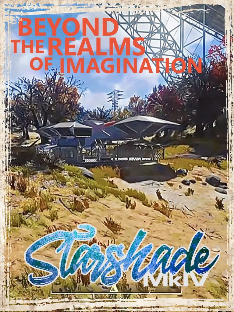 Promotional poster for Fallout 76 spaceship camp build by Onyx Nightshade.