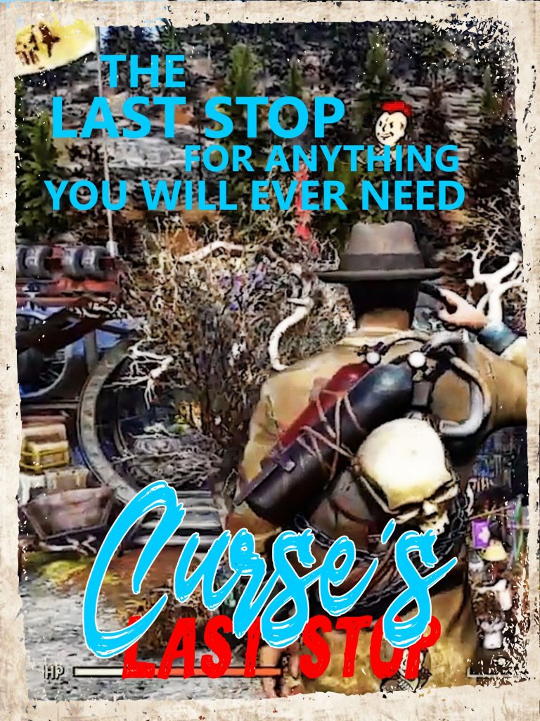 Promotional poster for Fallout 76 camp build by Cursed.