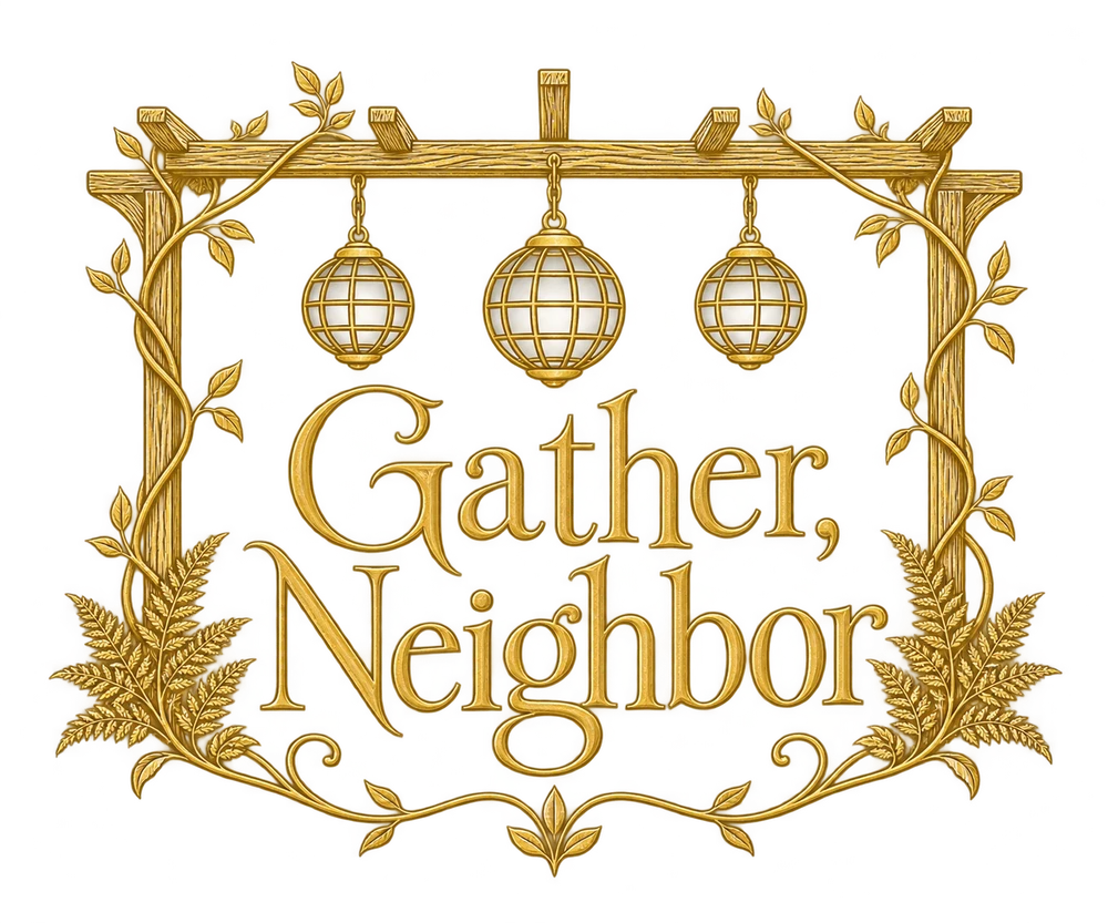 Gold Gather, Neighbor lettering beneath a pergola with three hanging lanterns.