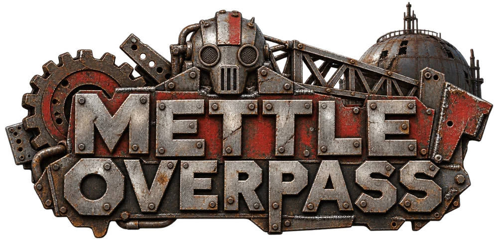 Mettle Overpass lettering assembled from riveted steel plates, gears, and a salvaged robot face.