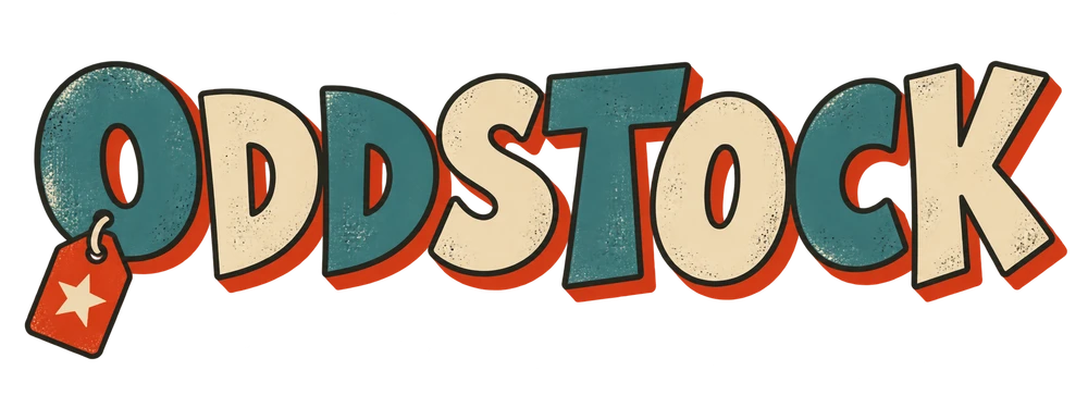 Teal and cream Oddstock lettering with orange shadows and a small price tag.