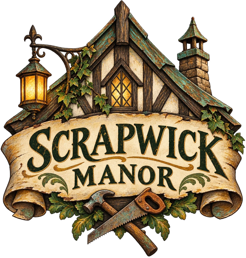 Scrapwick Manor crest with a Tudor gable, glowing lantern, parchment lettering and carpenter’s tools.