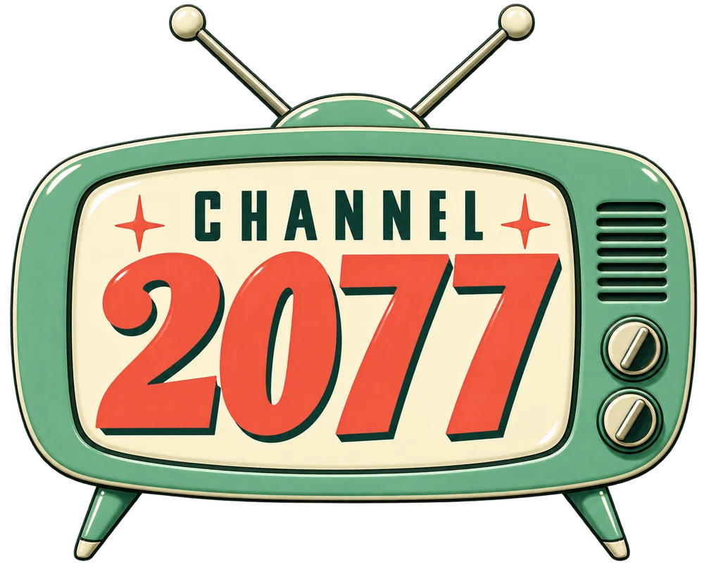Mint television logo with coral Channel 2077 lettering and rabbit ear antennas.