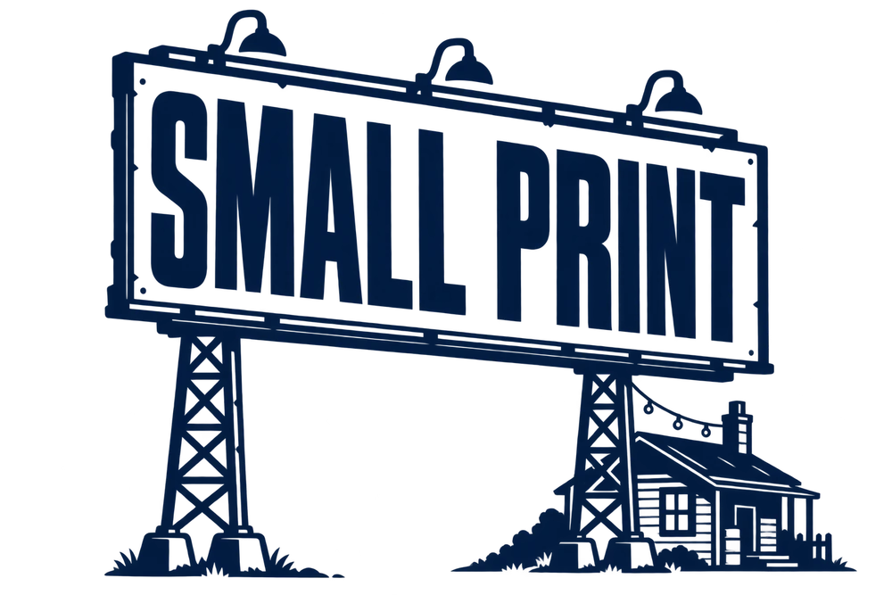 Small Print billboard logo with lattice legs and a tiny house.