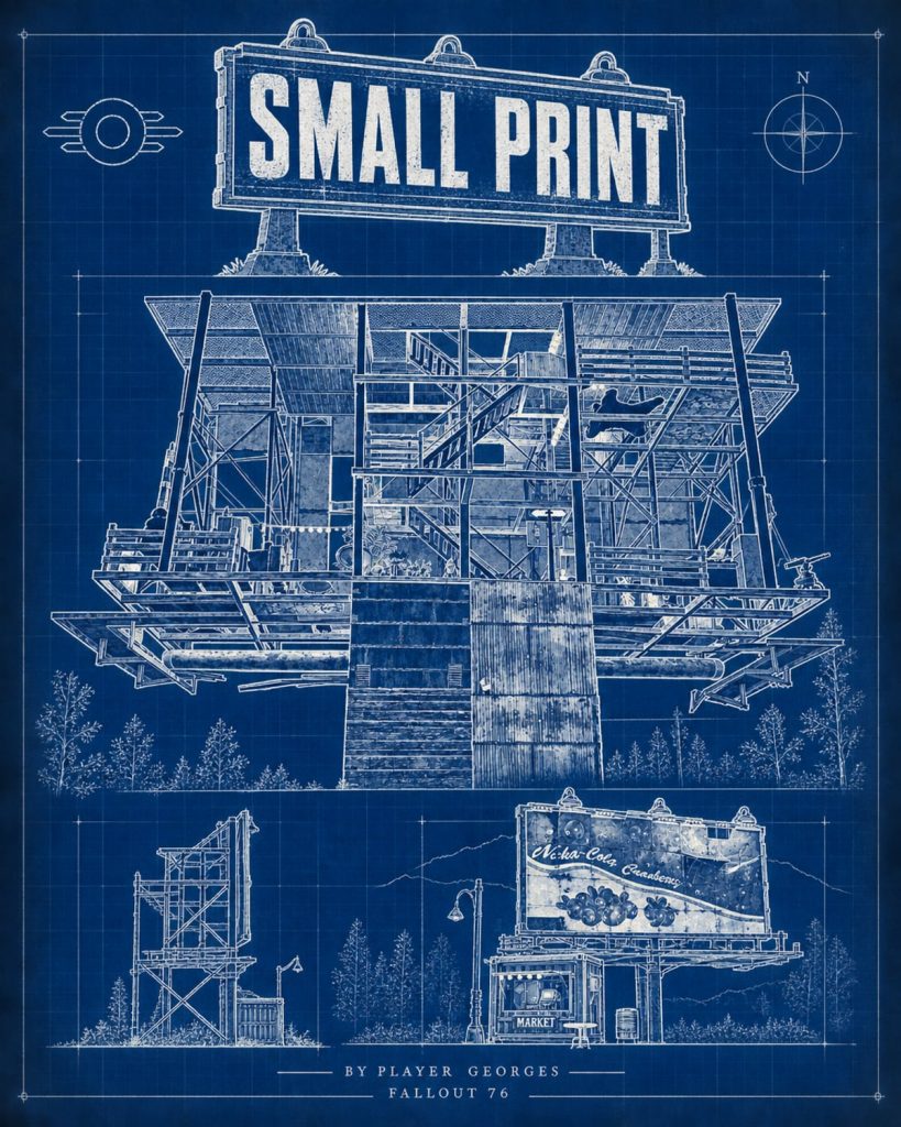 A cobalt blueprint poster illustrates the billboard camp beneath the Small Print logo.