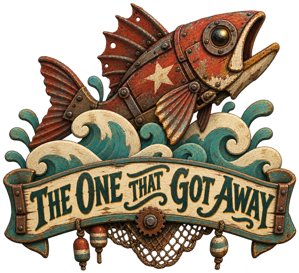A painted mechanical fish leaps above a banner reading The One That Got Away.
