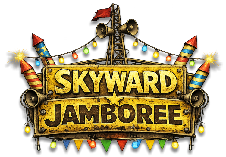 Fallout 76 elevated camp using yellow shipping containers over Moonshine Jamboree