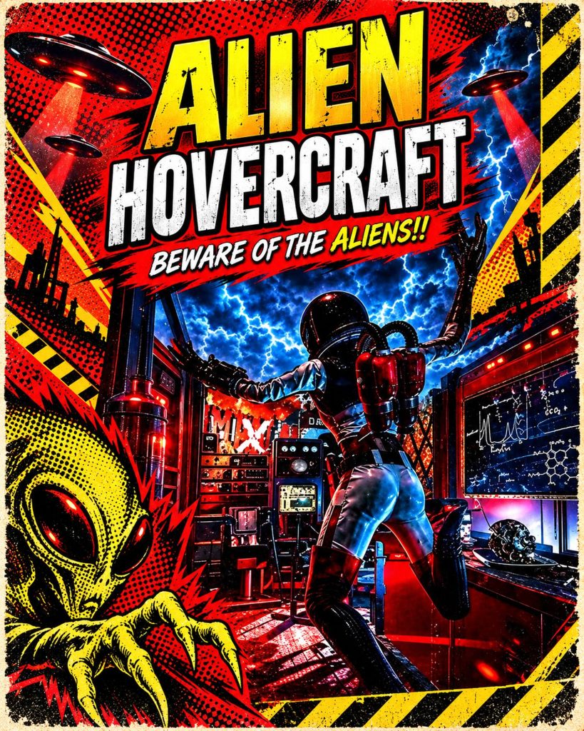 Poster for Alien Hovercraft, a Fallout 76 camp build by Deviant Cat