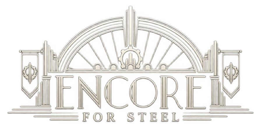 Silver architectural Encore for Steel logo with an arched stage motif and gear details.