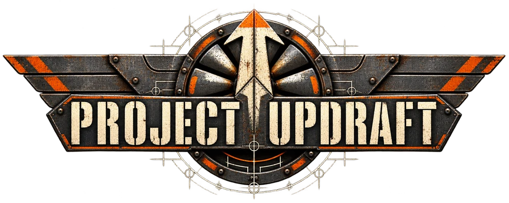 Riveted steel Project Updraft logo with rotor and upward arrow