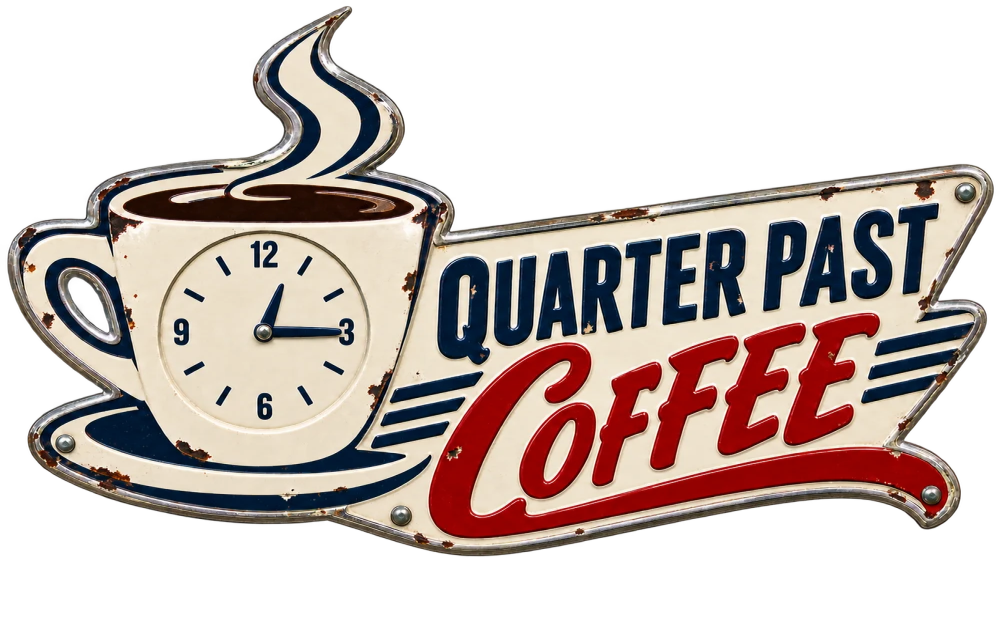 Enamel-style coffee cup clock logo in navy, red, and ivory.