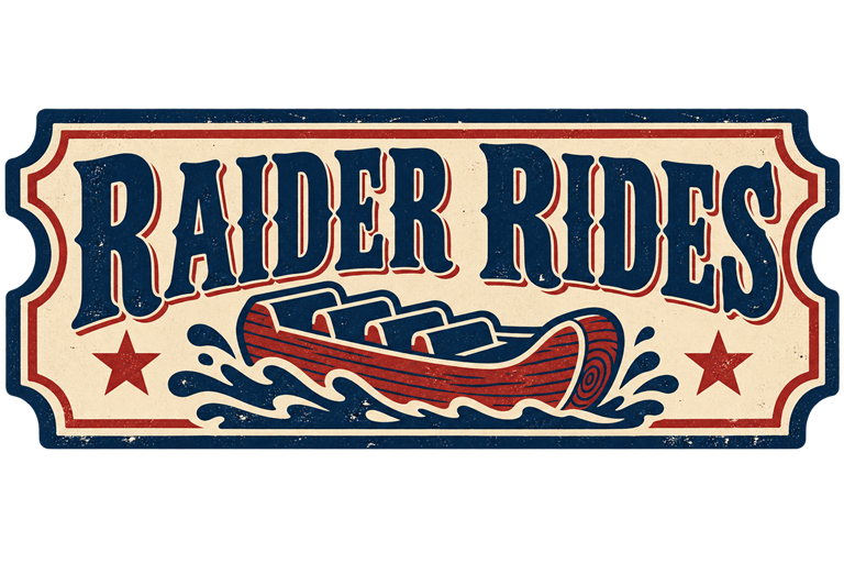 Raider Rides fairground ticket logo with a wooden amusement boat