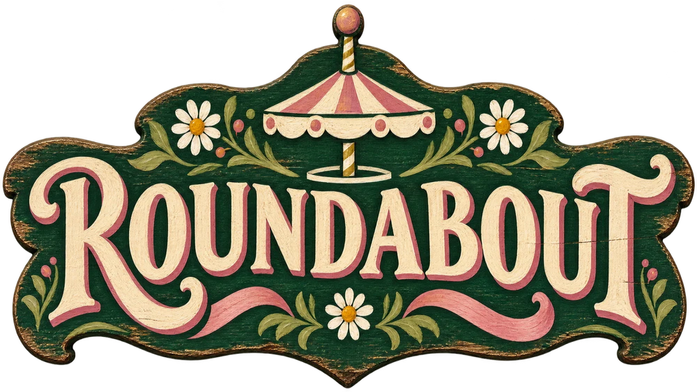 Hand-painted green and rose fairground logo for Roundabout.