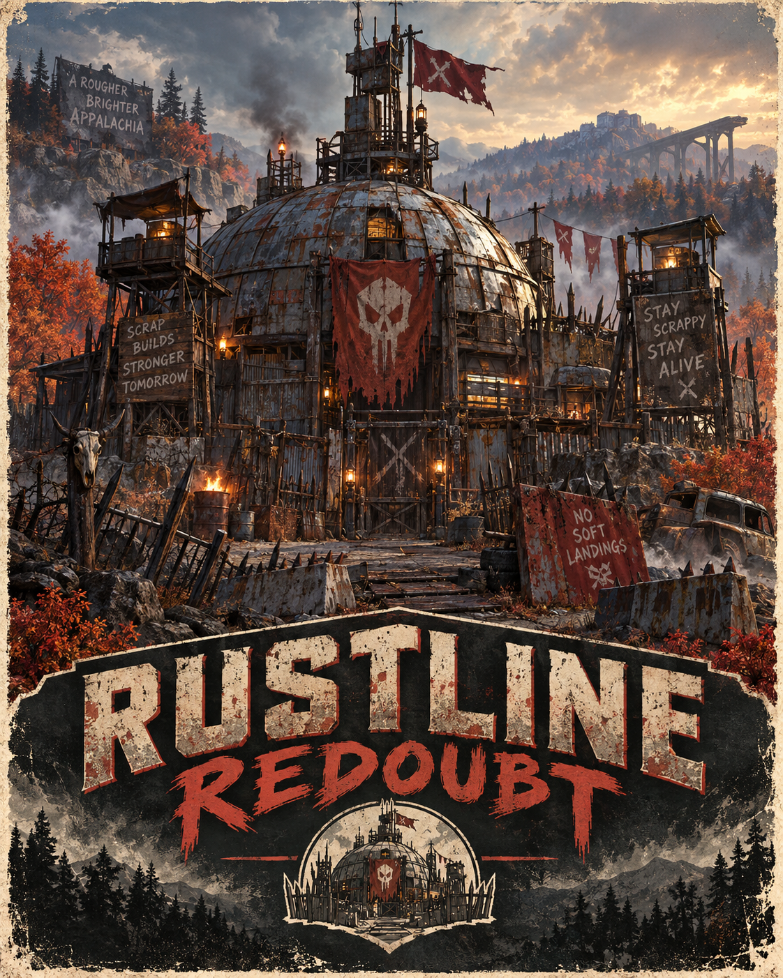 rustline-redoubt-poster-v2 Fallout 4 museum camp build inside abandoned manufacturing plant