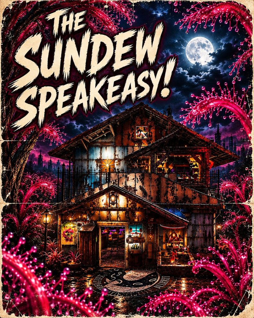 Poster for The Sundew Speakeasy, a Fallout 76 camp build by Deviant Cat
