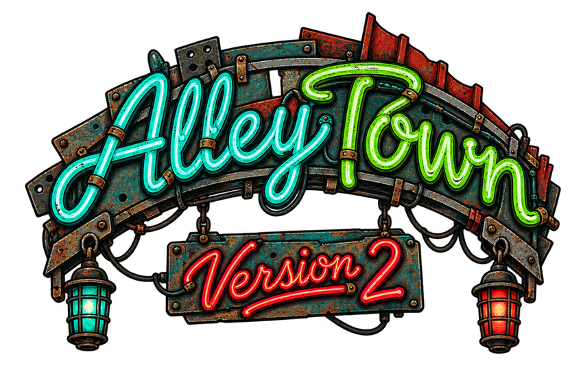 Logo for Alley Town Version 2, a Fallout 76 camp build by Rad Rux.