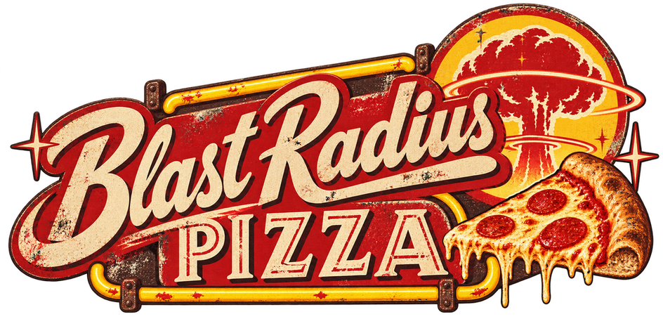 Logo for Blast Radius Pizza, a Fallout 76 camp build by Rad Rux.