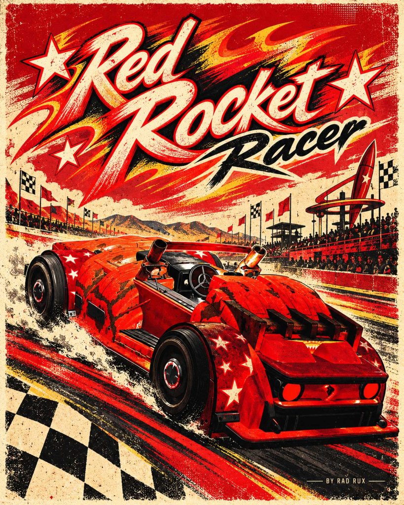 Poster for Red Rocket Racer, a Fallout 76 camp build by Rad Rux