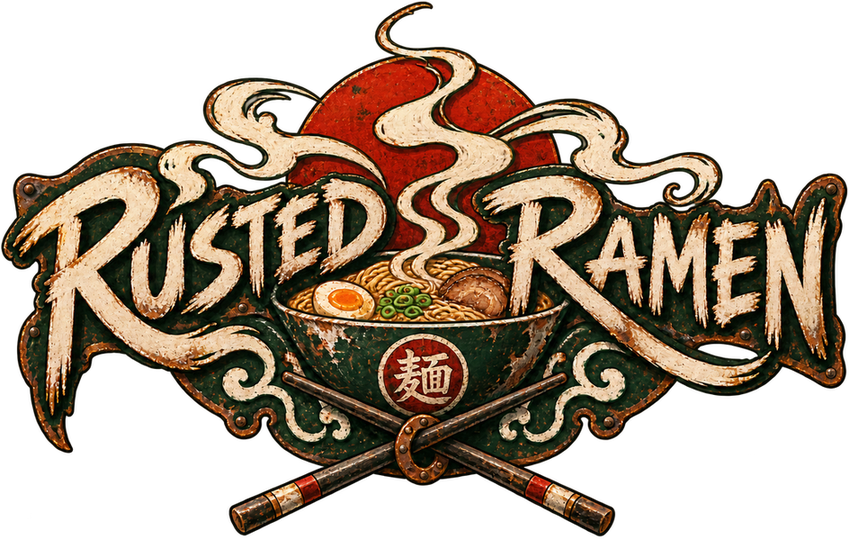 Logo for Rusted Ramen: Burning Springs, a Fallout 76 camp build by Rad Rux.
